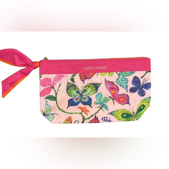 ESTEE LAUDER Butterfly Pink Cosmetic Makeup Bag by R. Toledo NWOT - Picture 1 of 4